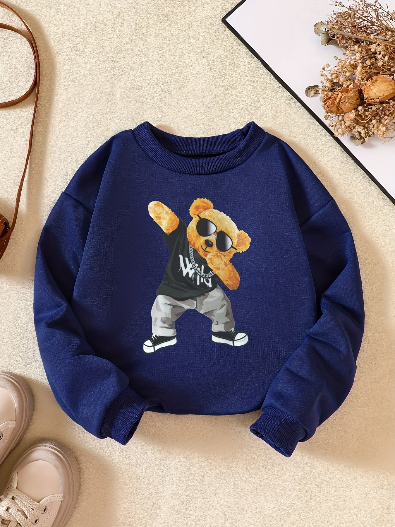 Girls' Hip Hop Bear Print Crew Neck Sweatshirt Long Sleeve Pullovers