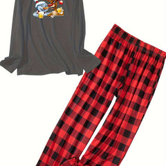  Christmas Lounge Set Snowman & Elk Print Long Sleeve Tee & Plaid Pants