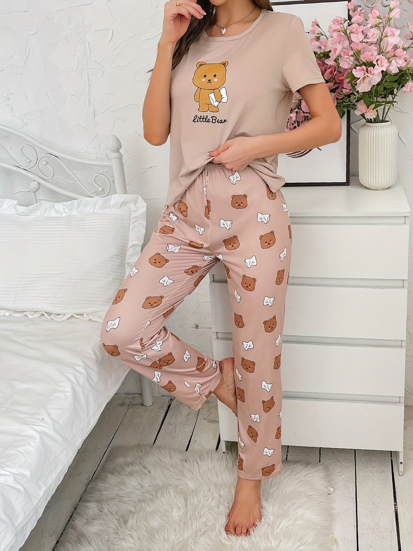 Cartoon Bear Lounge Set Short Sleeve Top & Pants Women's Pajama Set