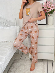 Cartoon Bear Lounge Set Short Sleeve Top & Pants Women's Pajama Set