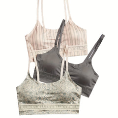 3pcs Seamless Padded Cami Tops Mixed Pattern Crew Neck Women's Underwear