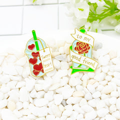 Red Heart Milk Tea Cup Rose Glass Bottle Brooch
