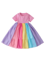 Girls Rainbow Splicing Cotton Dress Kids Summer Clothes