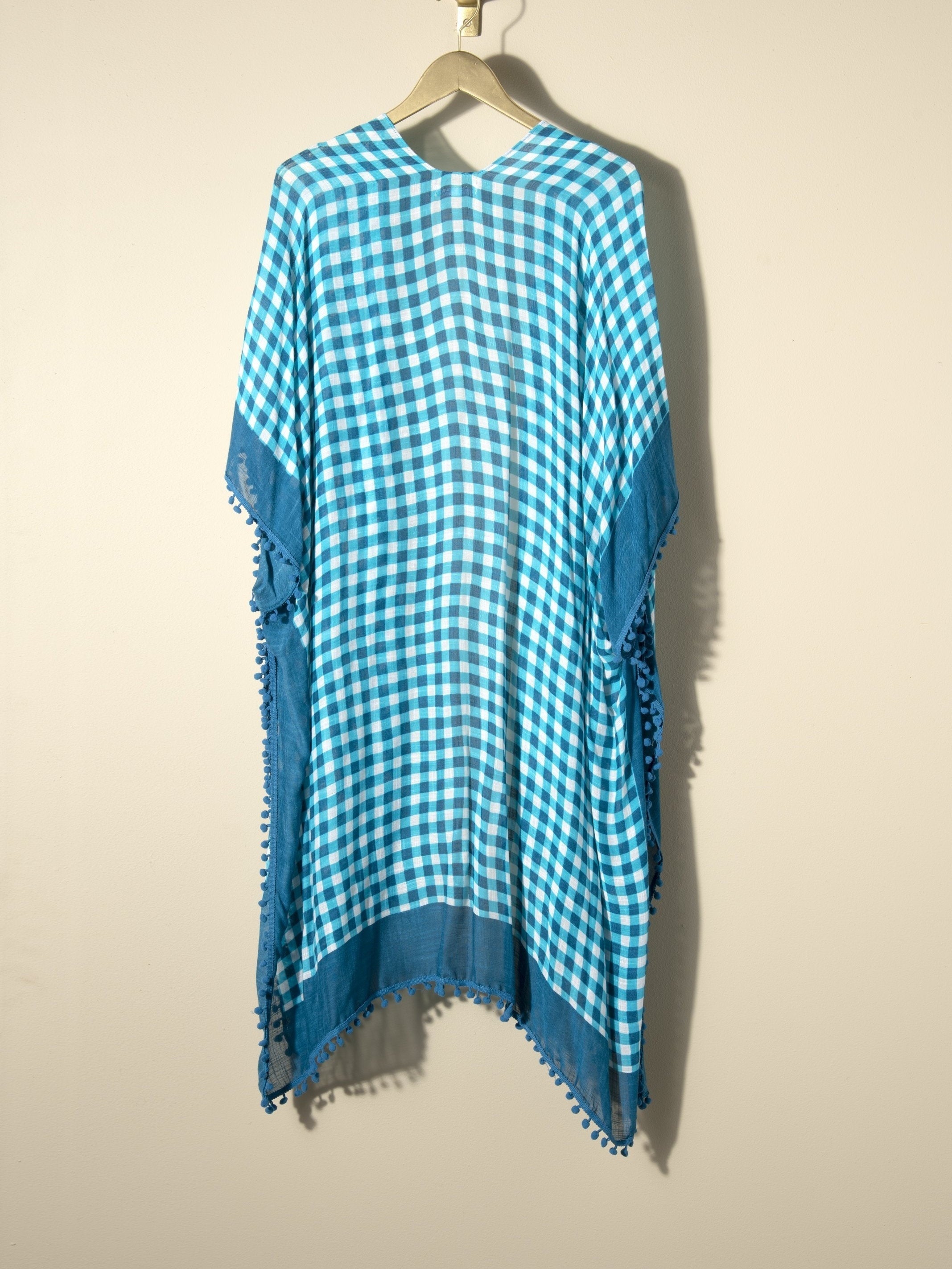  Gingham Print Pompom Trim Bat Sleeve Cover Up