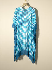  Gingham Print Pompom Trim Bat Sleeve Cover Up