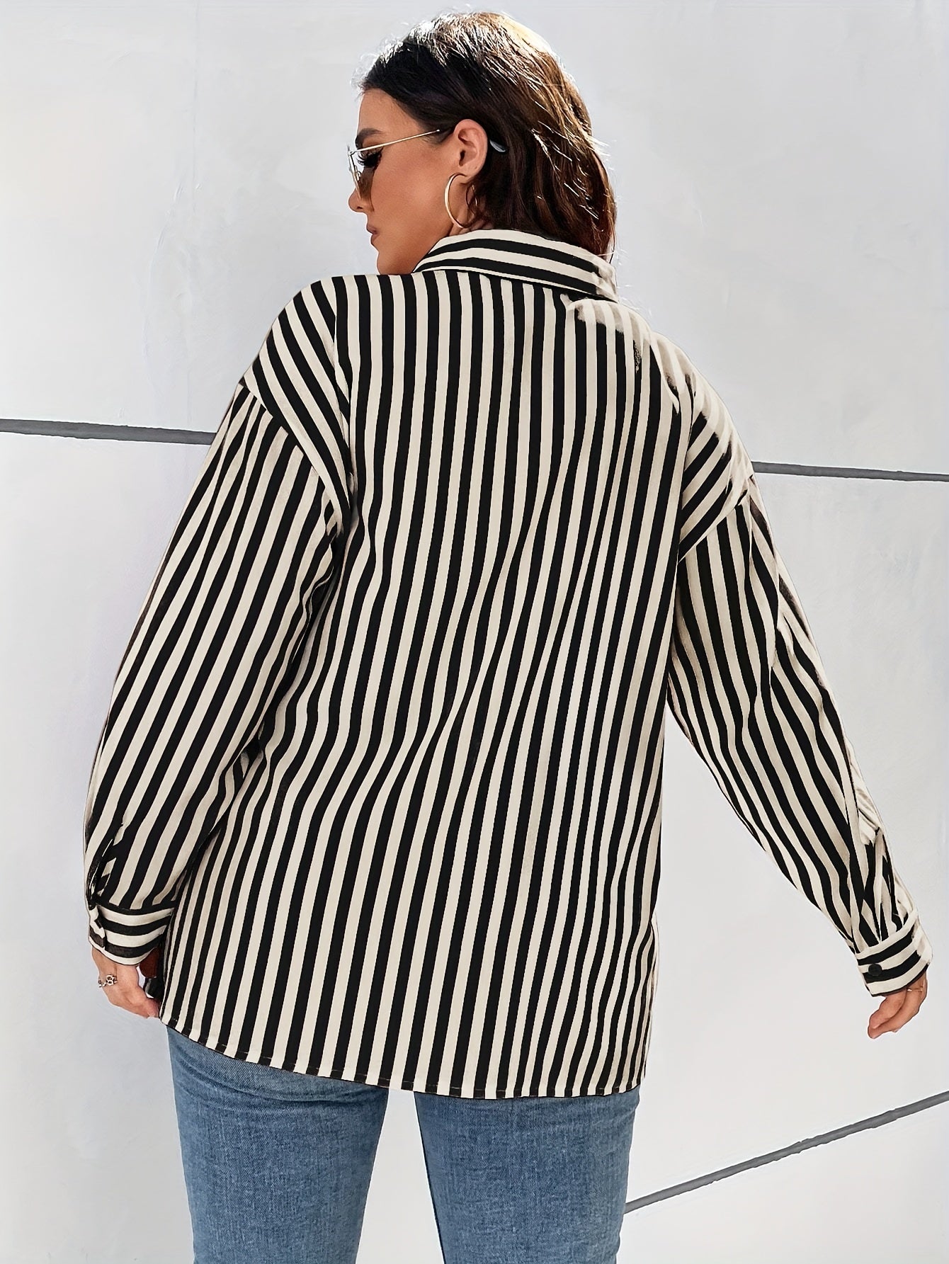  Stripe Print Long Sleeve Button Up Shirt Top