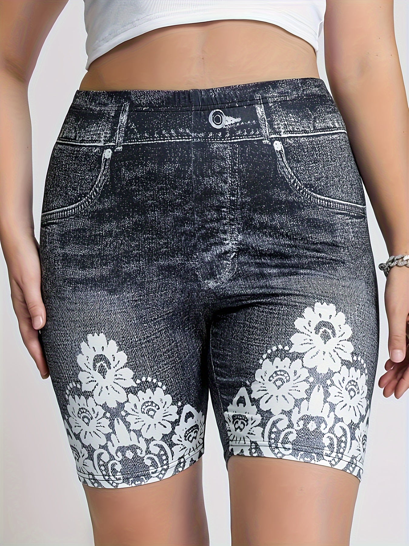  Denim & Floral Print High Waisted Biker Shorts