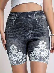  Denim & Floral Print High Waisted Biker Shorts