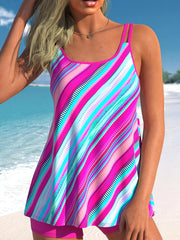  Vacay Tankini Set Women's Plus Stripe Print Cami Top & Shorts Swimsuit