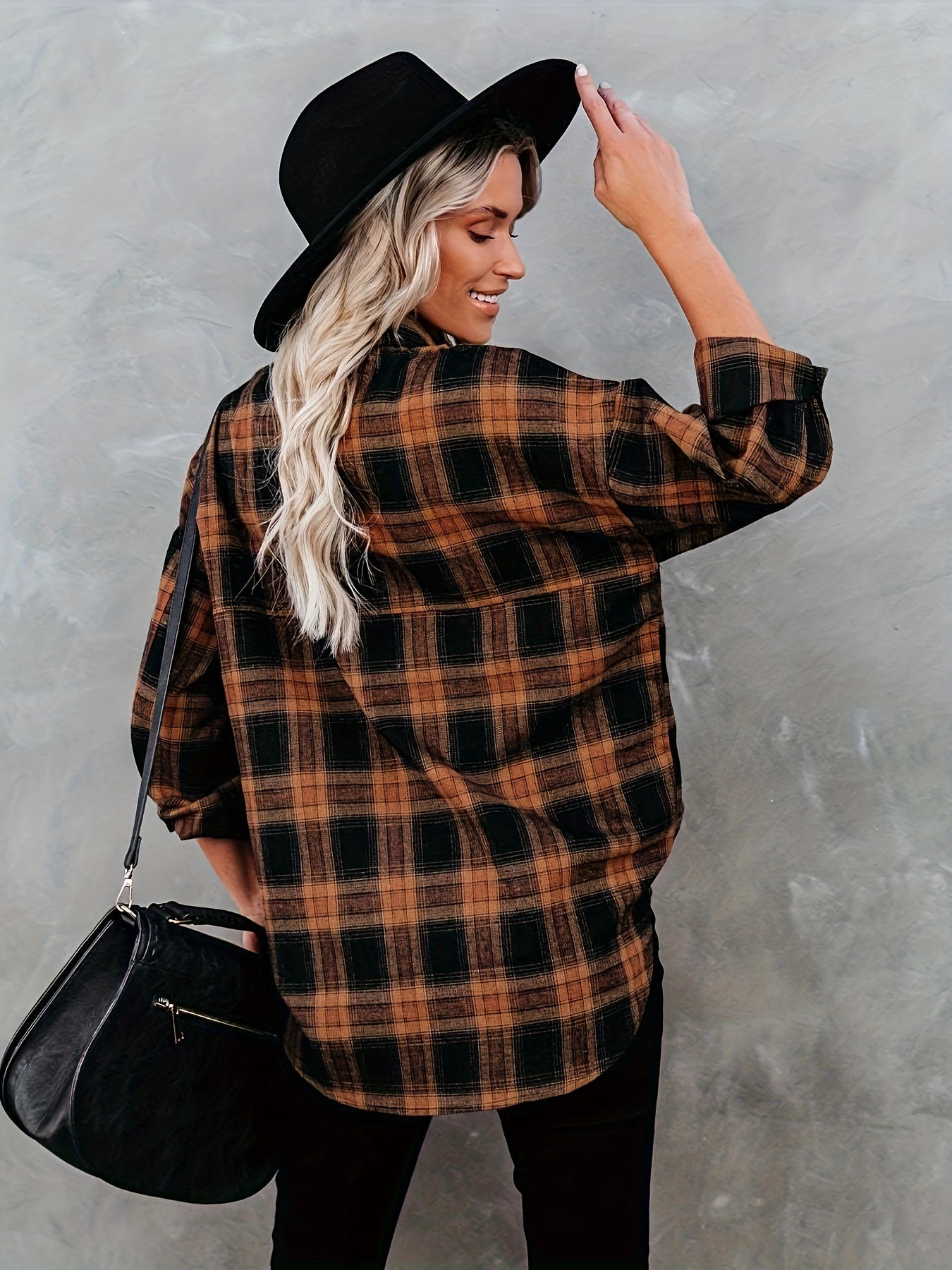  Plaid Print Long Sleeve Button Up Tunic Shirt Top