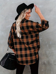  Plaid Print Long Sleeve Button Up Tunic Shirt Top
