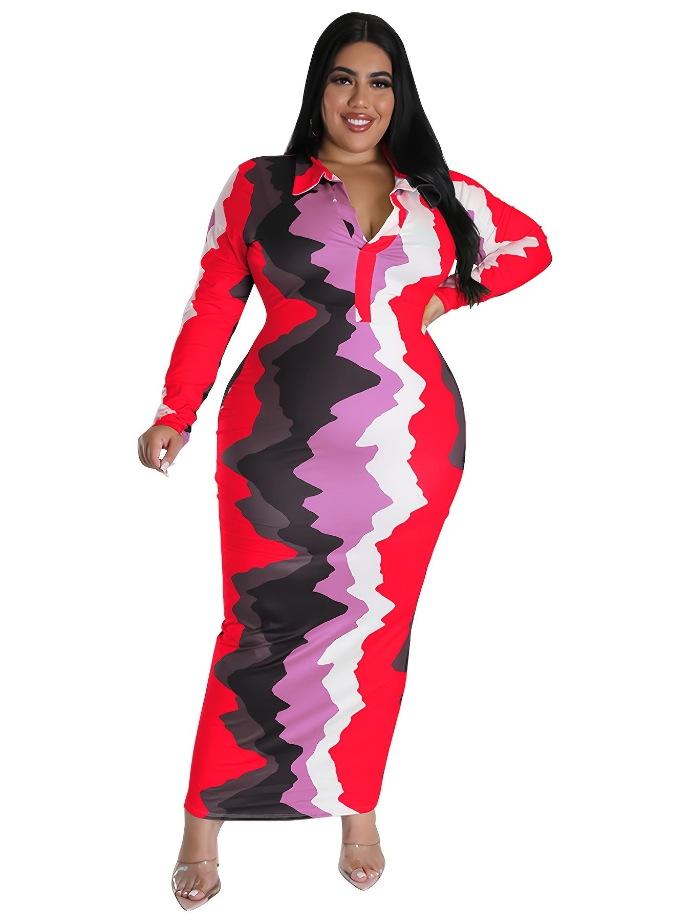 Tie Dye Print V Neck Long Sleeve Maxi Dress Plus Size