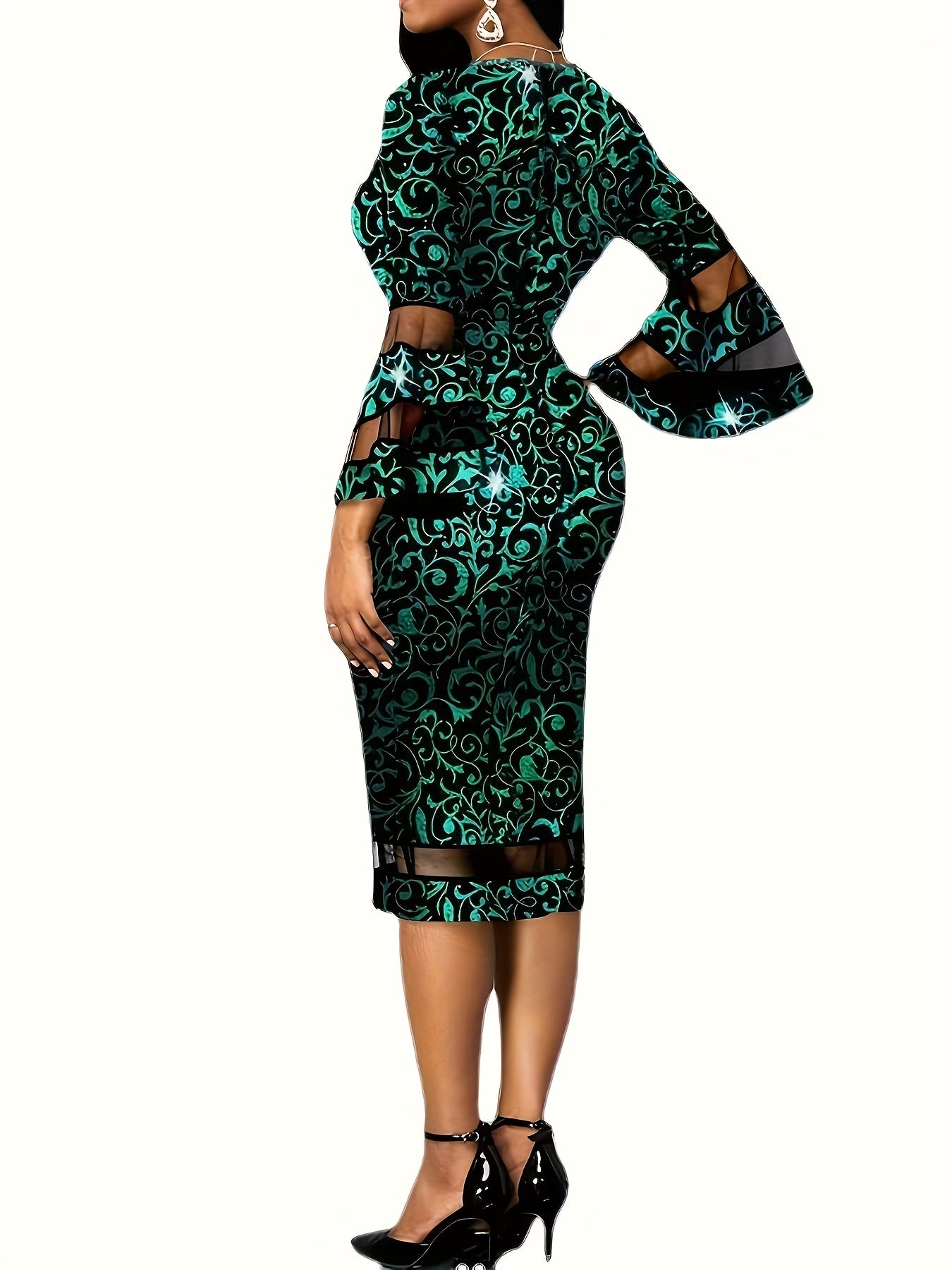  Braque Print Contrast Mesh Trumpet Sleeve Party Dress