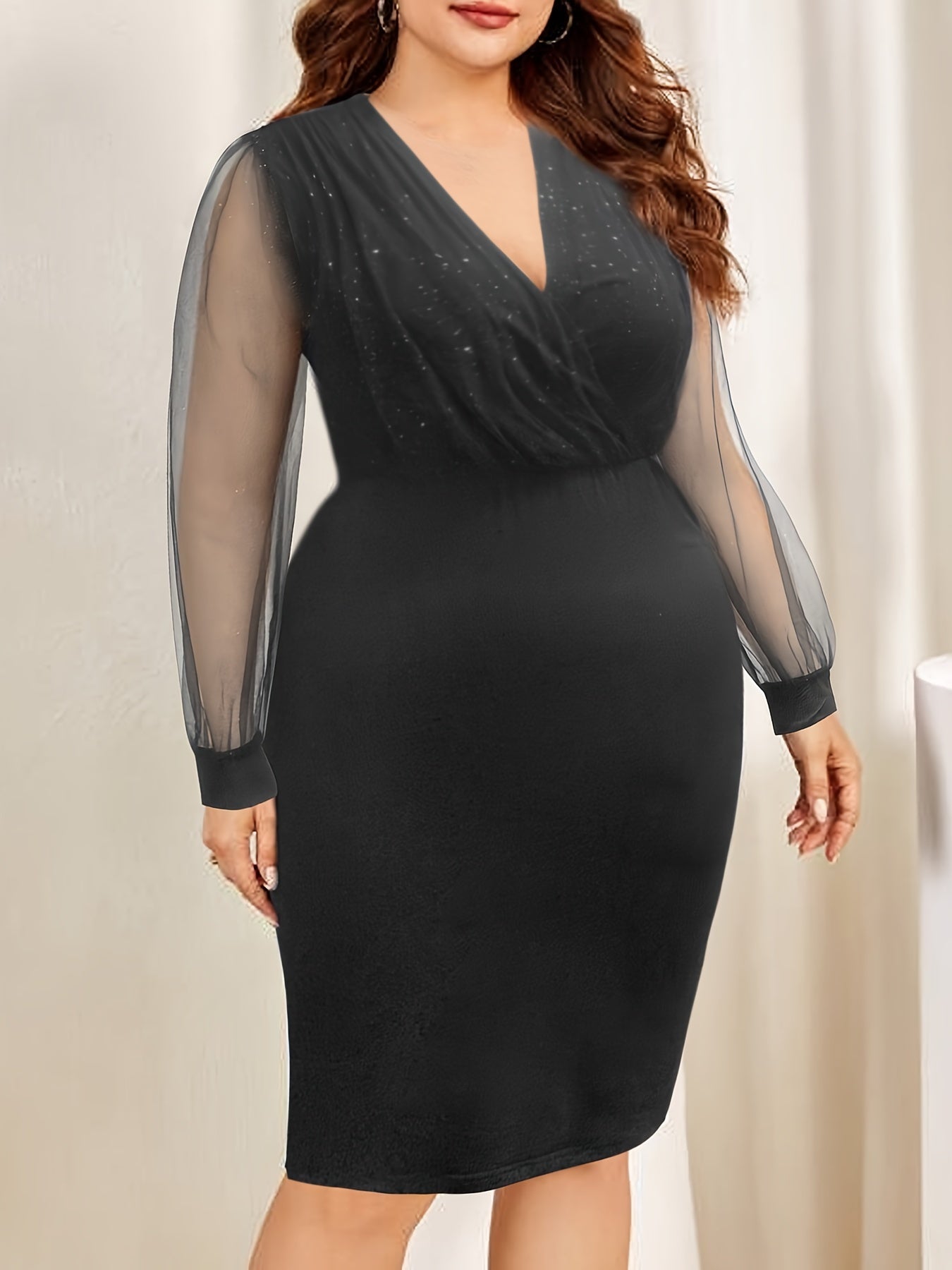  Contrast Mesh Long Sleeve V Neck Midi Dress