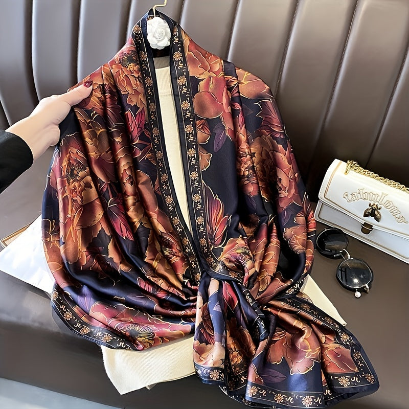 Vintage Brown Flower Print Scarf Satin Shawl Silk Head Wrap Causal Sunscreen