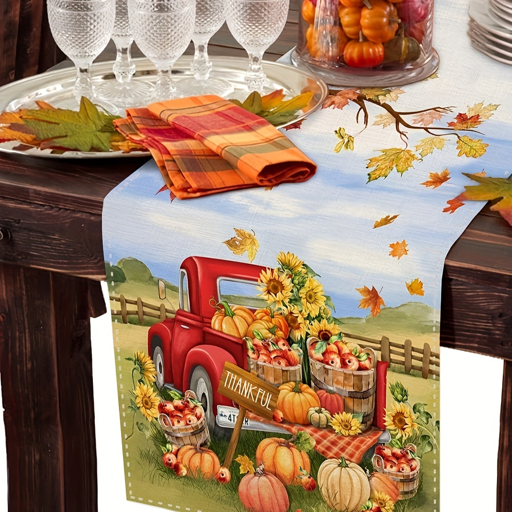 Thanksgiving Table Runner Autumn Truck Pumpkin Maple Leaf Orange Table Cover
