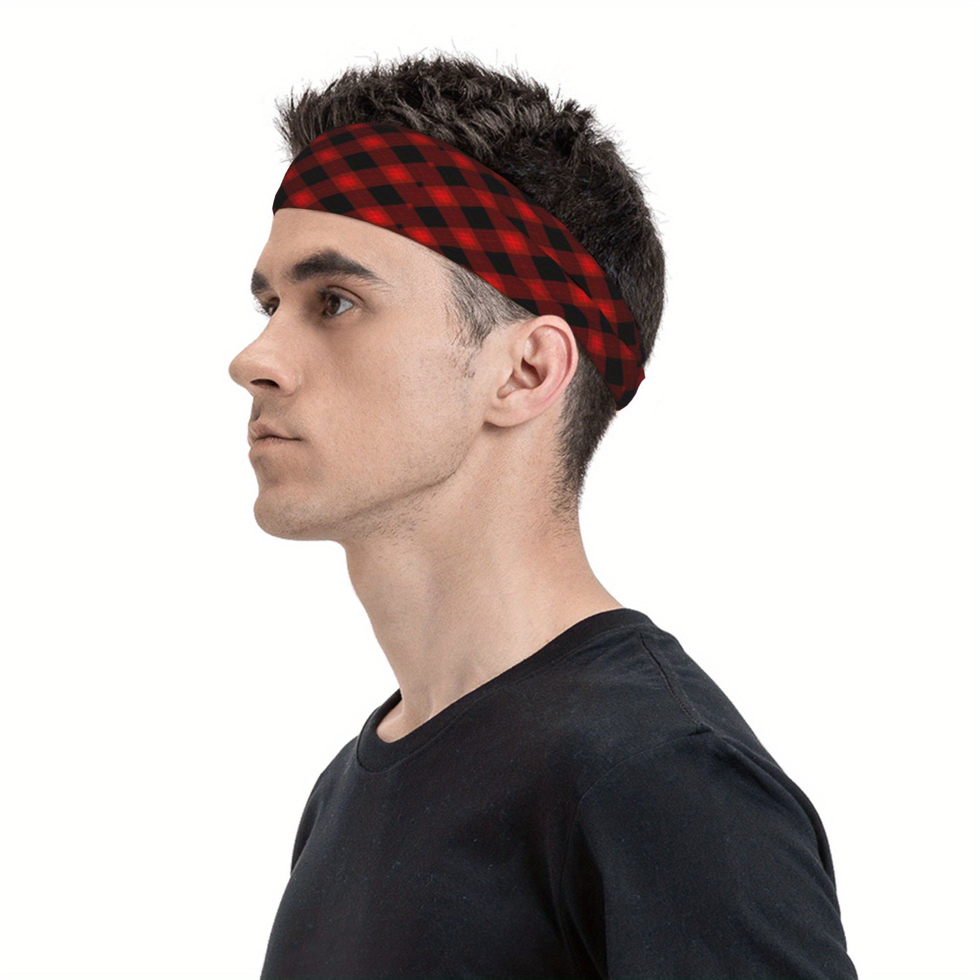 Vintage Plaid Headband Red Checkered Elastic Fit Sports Headwear