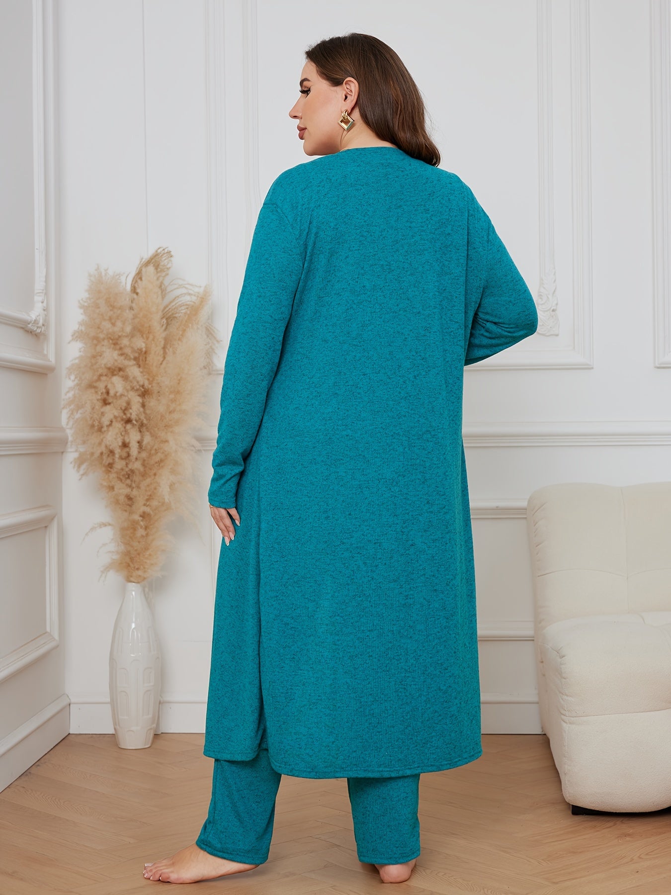  3 Piece Lounge Set Solid Long Sleeve Robe & V Neck Tank