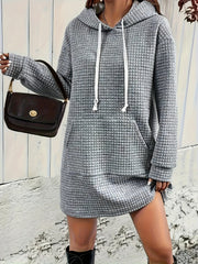  Waffle Long Sleeve Hooded Sweatshirt Dress With Pockets