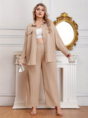  Ribbed Long Sleeve Shirt & Wide Leg Pants Set