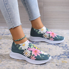 Women's Floral Flat Shoes Slip On Low Round Toe Casual Comfy Light Shoes