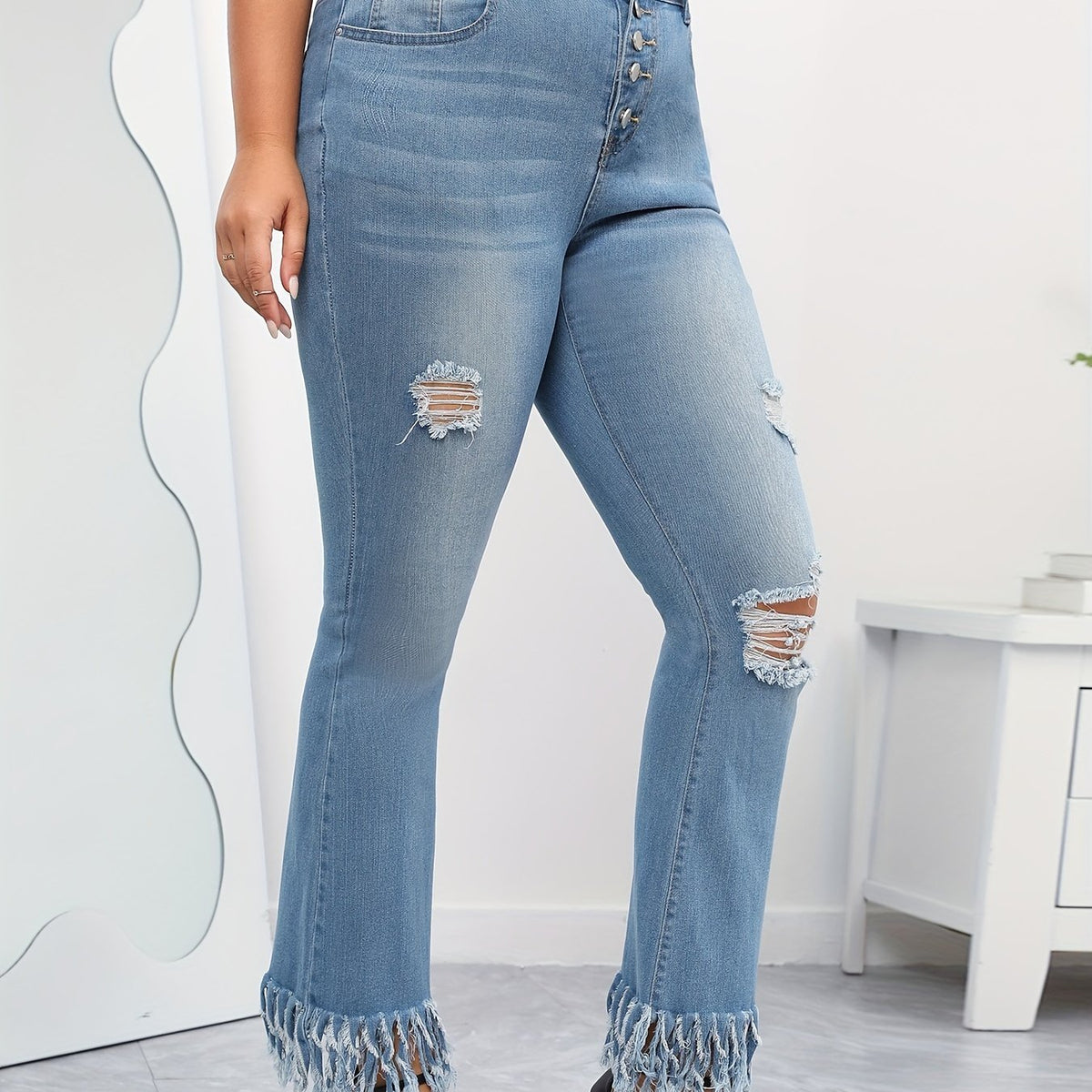  Washed Ripped Fringe Trim Jeans