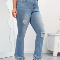  Washed Ripped Fringe Trim Jeans