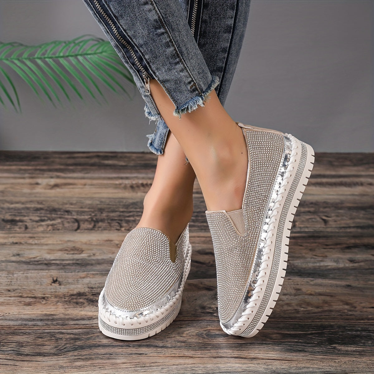 Women's Platform Rhinestone Sneakers Slip On Outdoor Shoes