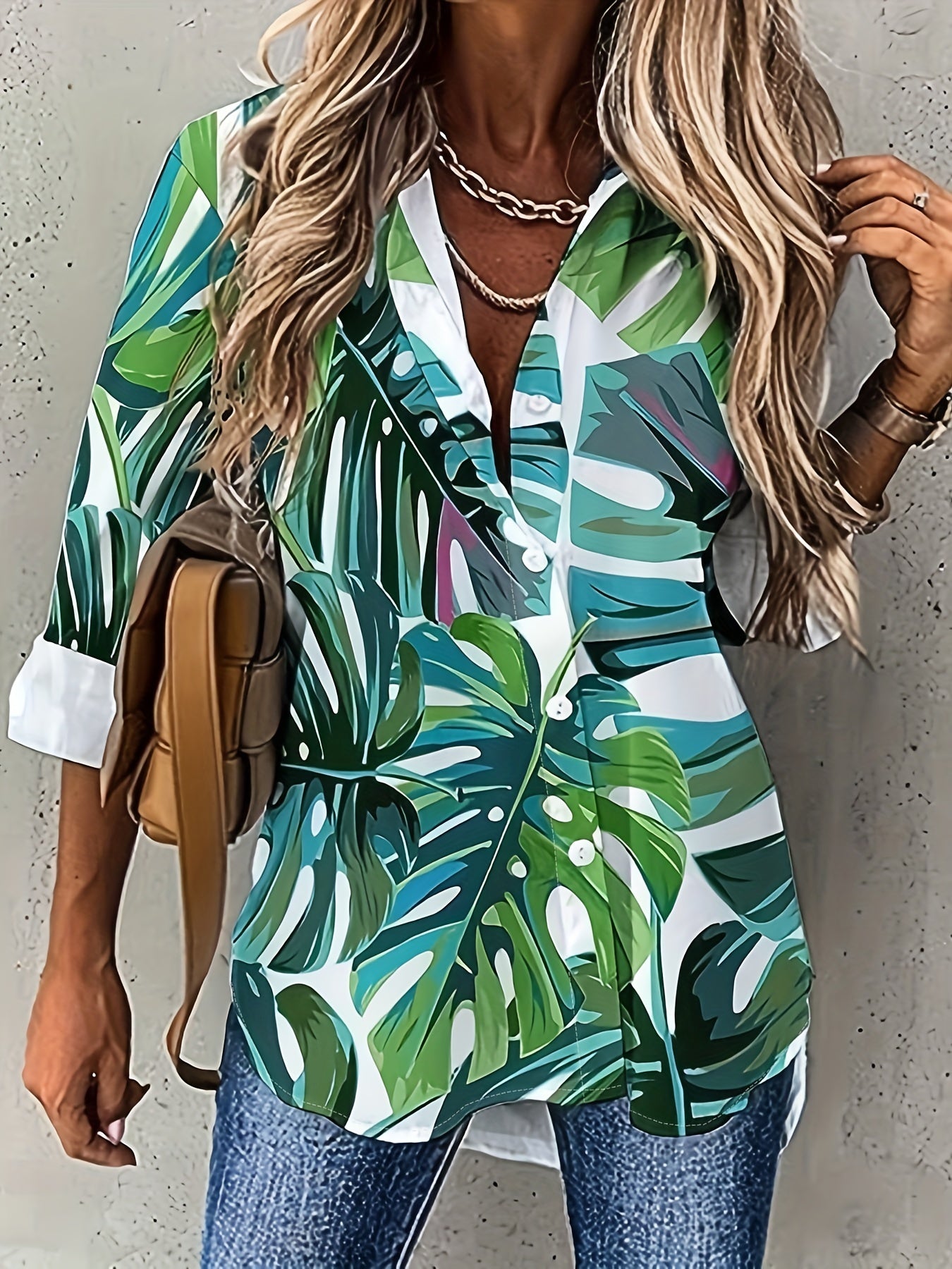  Tropical Print Button Up Long Sleeve Shirt Top