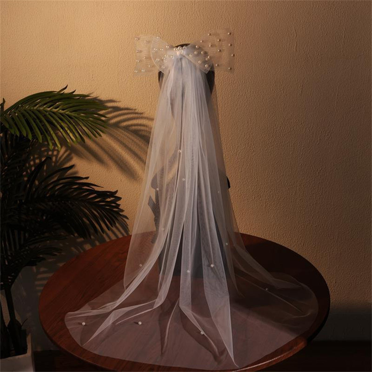 Women's Sheer Long Wedding Veil with Bow & Comb Full Train Bridal Veil
