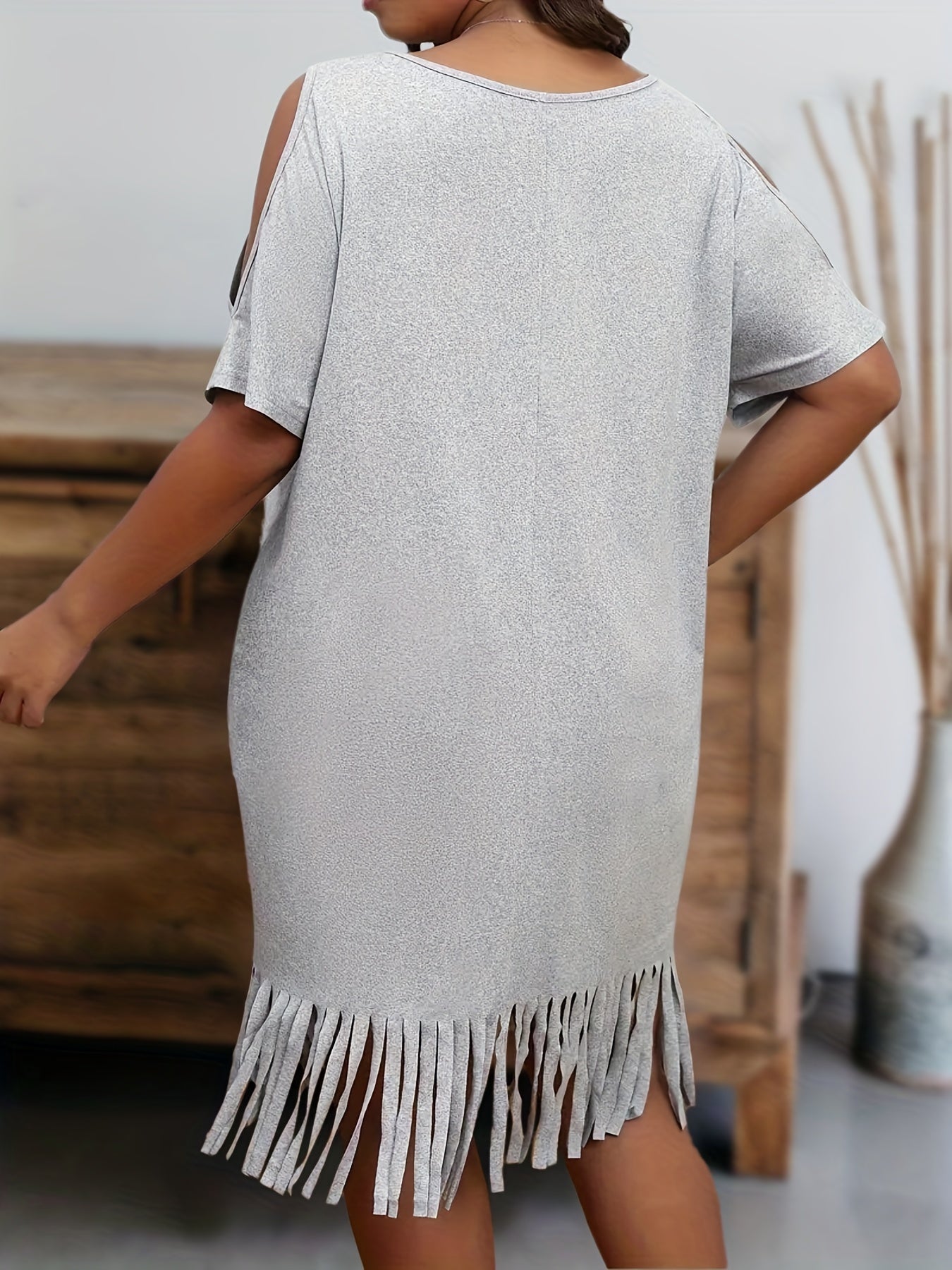  Punk Dress Women's Plus Cold Shoulder V Neck Fringe Trim Dress