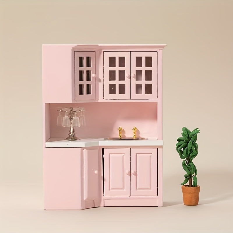 1:12 Scale Pink Dollhouse Kitchen Set with Cabinets, Sink, and Countertop Combo