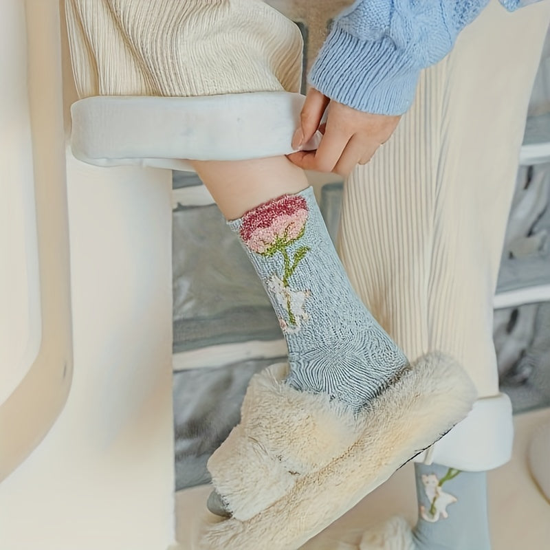 5 Pairs Floral Print Socks Comfy & Breathable Mid Tube Women's Stockings