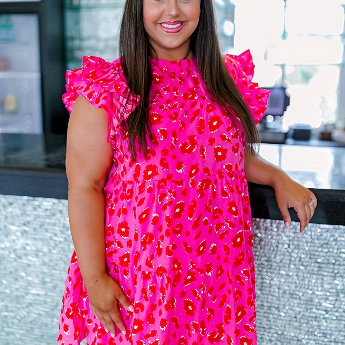  Floral Print Ruffle Sleeve Mini Dress