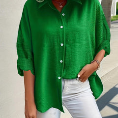  Women's Solid Textured Button Up Long Sleeve Blouse