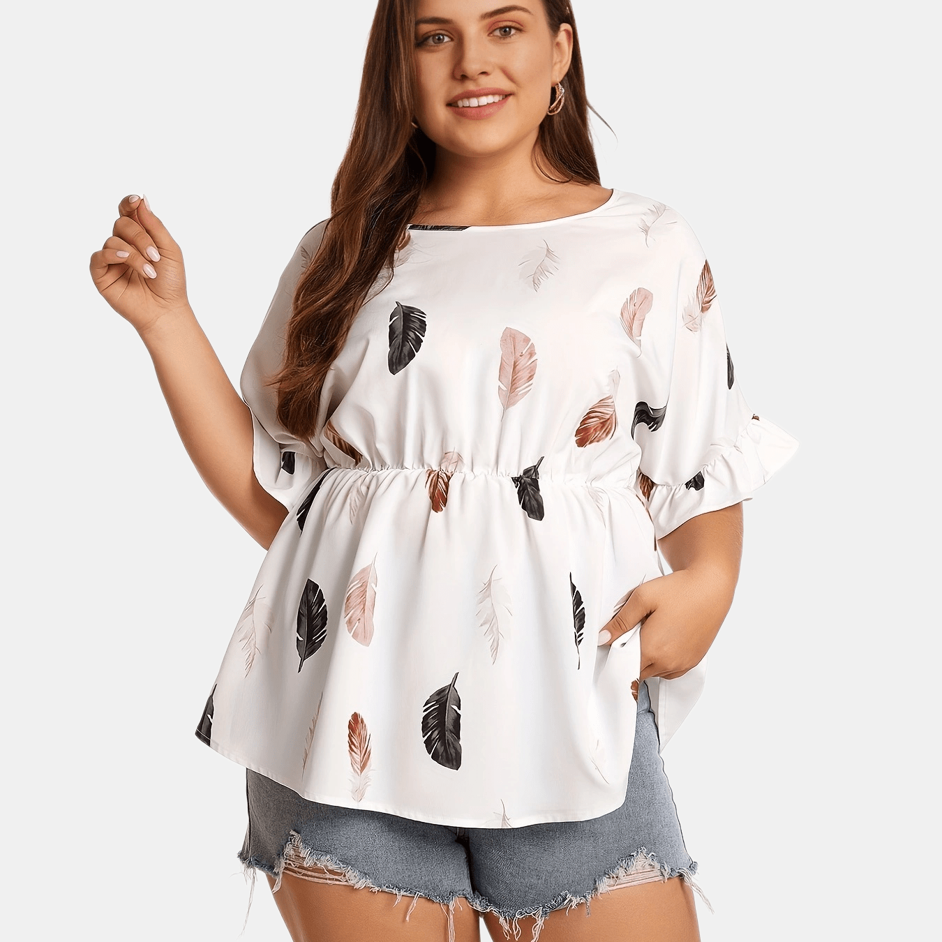  Feather Print Ruffle Trim Criss Cross Short Sleeve Tee