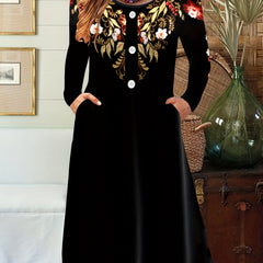 Floral Print Button Decor Long Sleeve Midi Dress
