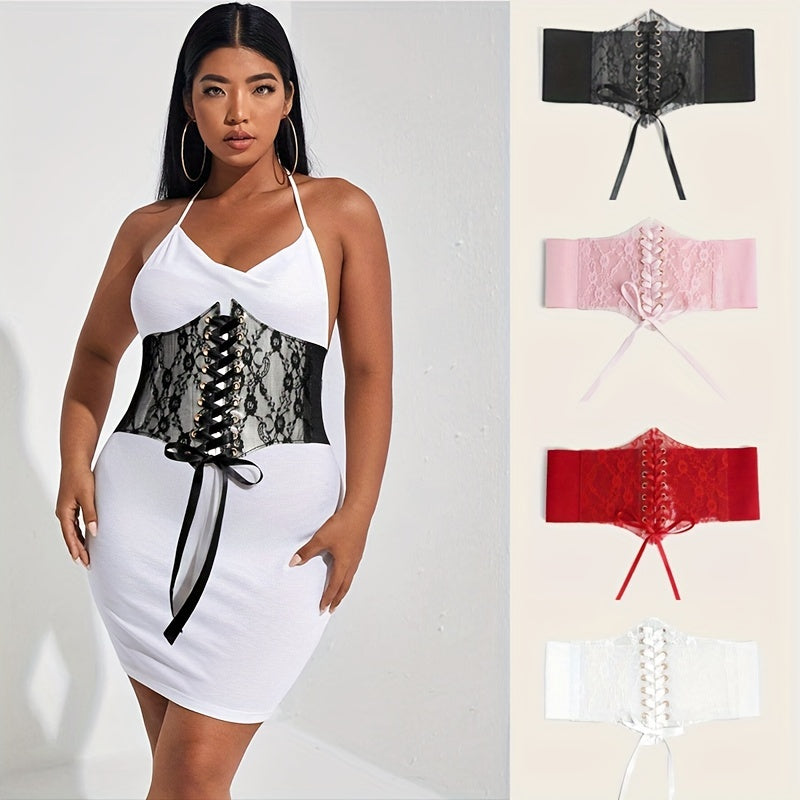  Lace-Up Corset Belt with Bowknot - Elastic Waistband Solid Design