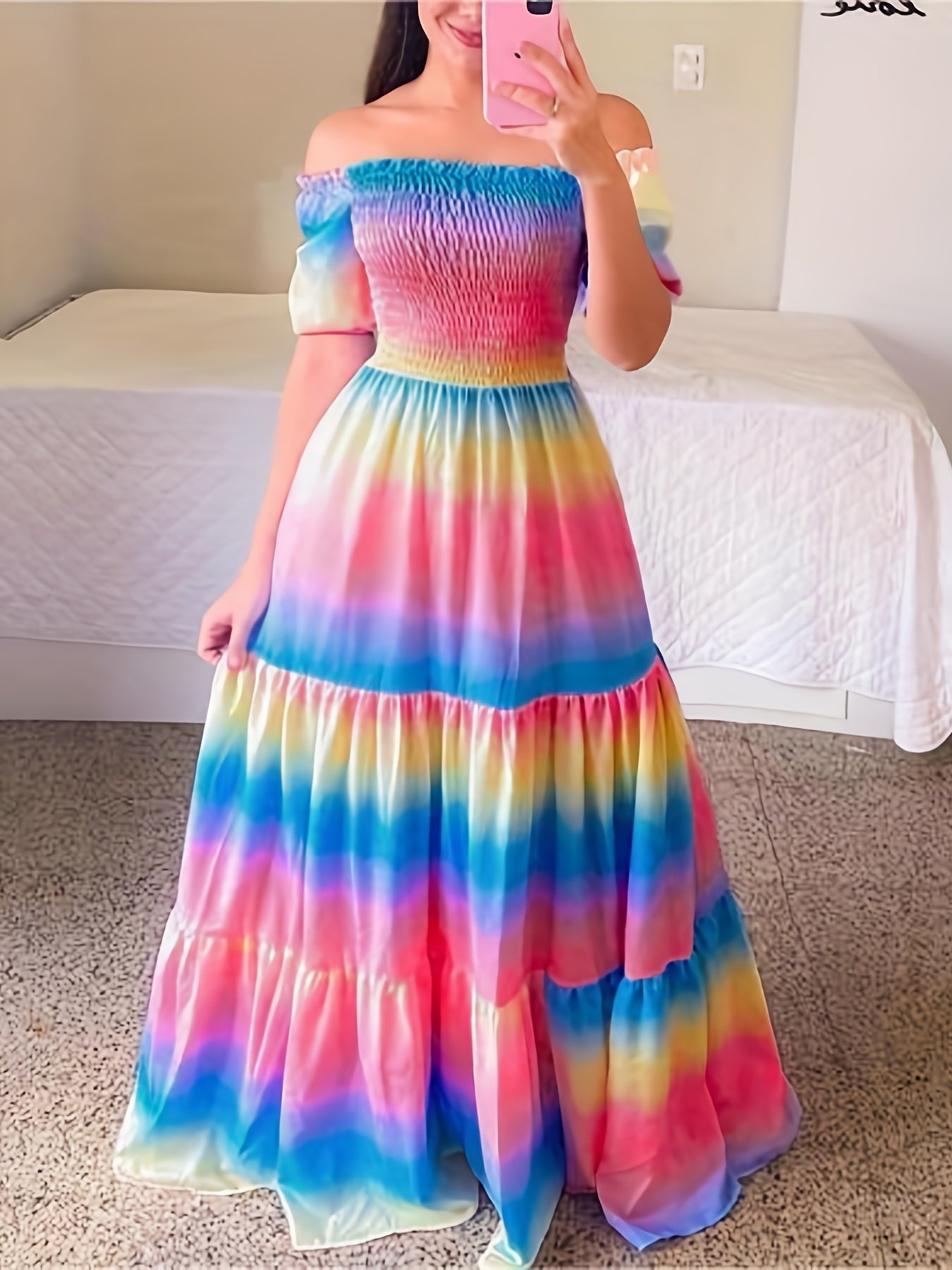  Colorblock Ombre Print Off Shoulder Maxi Dress