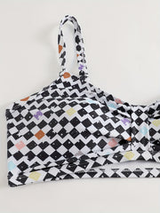  Checkered Print Bikini Set V Neck Ruched Bra & Lace Up Shorts Swimsuit