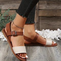 Women's Ankle Strap Flat Sandals Open Toe Faux Leather Casual Beach Shoes
