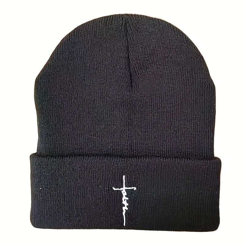 Faith Cross Embroidered Beanie Elastic Knit Hat Unisex Warm Skull Hat