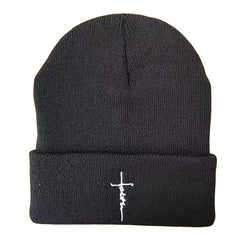 Faith Cross Embroidered Beanie Elastic Knit Hat Unisex Warm Skull Hat