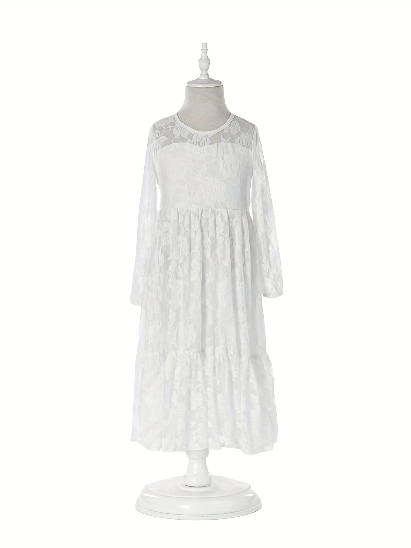 Kid Girls Long Sleeve Lace Belt Dress For 2-14 Years