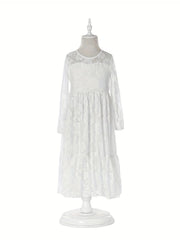 Kid Girls Long Sleeve Lace Belt Dress For 2-14 Years