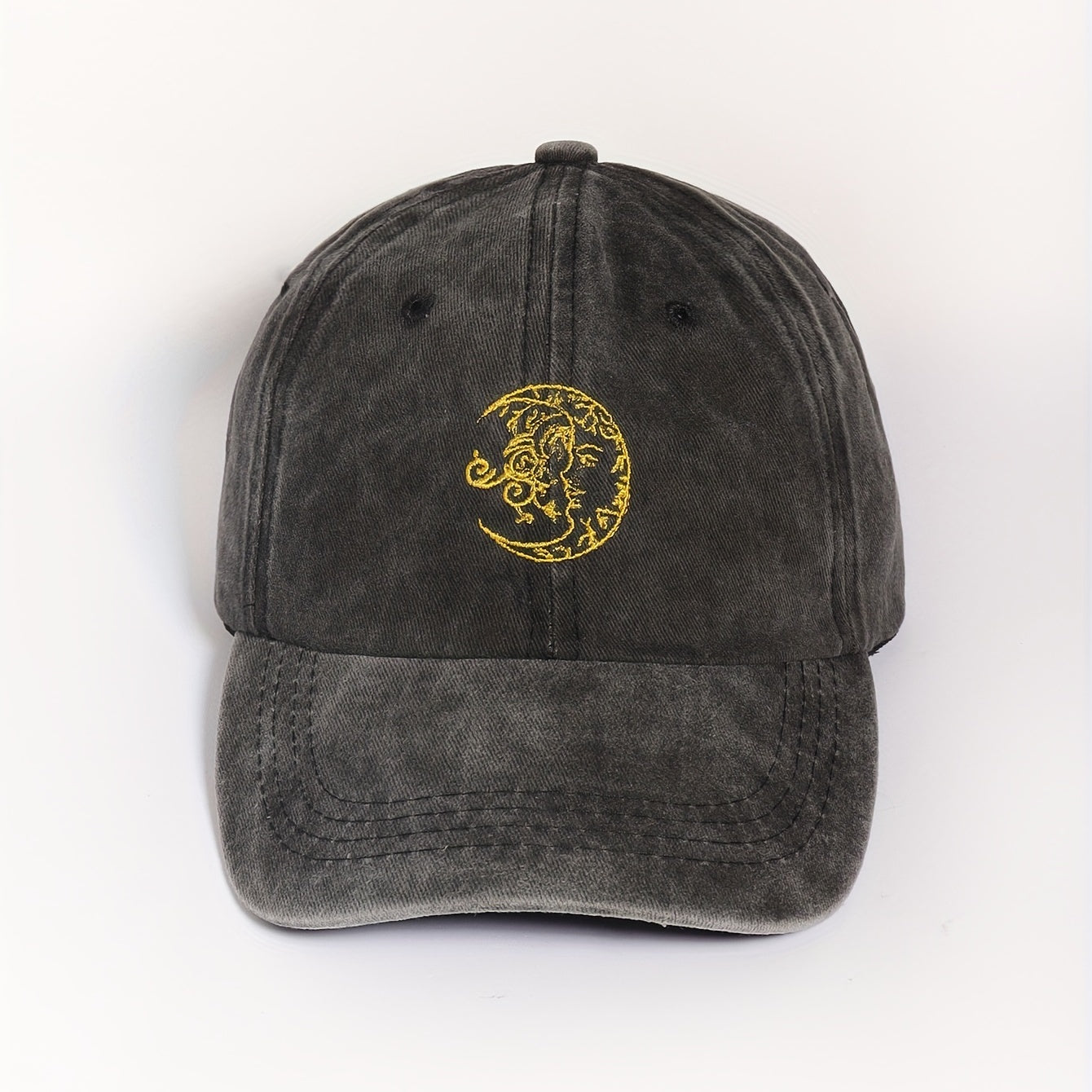 Vintage Moon Embroidery Baseball Cap Unisex Washed Gray Dad Hat