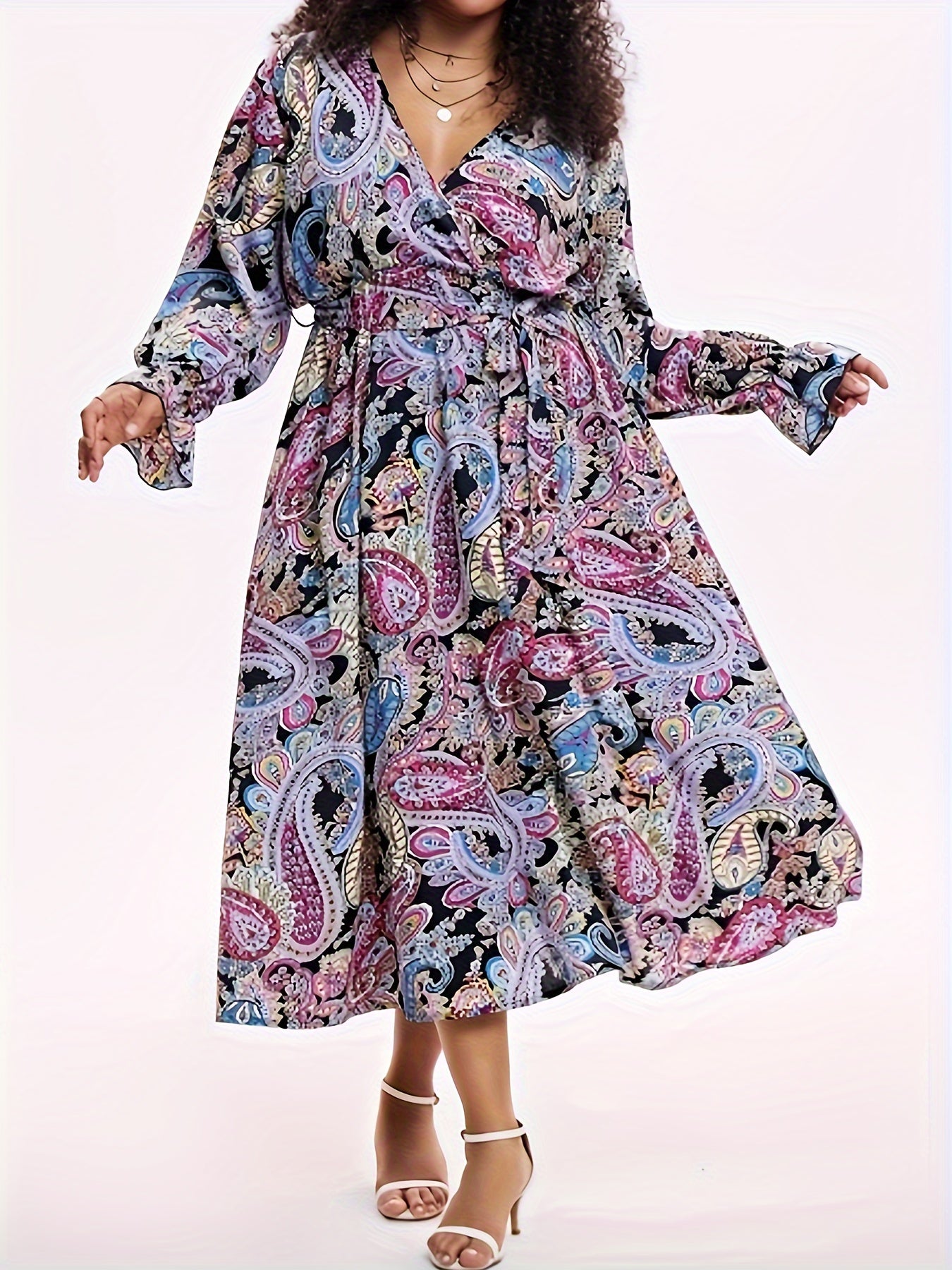  Boho Dress Paisley Print Lantern Sleeve Maxi Dress