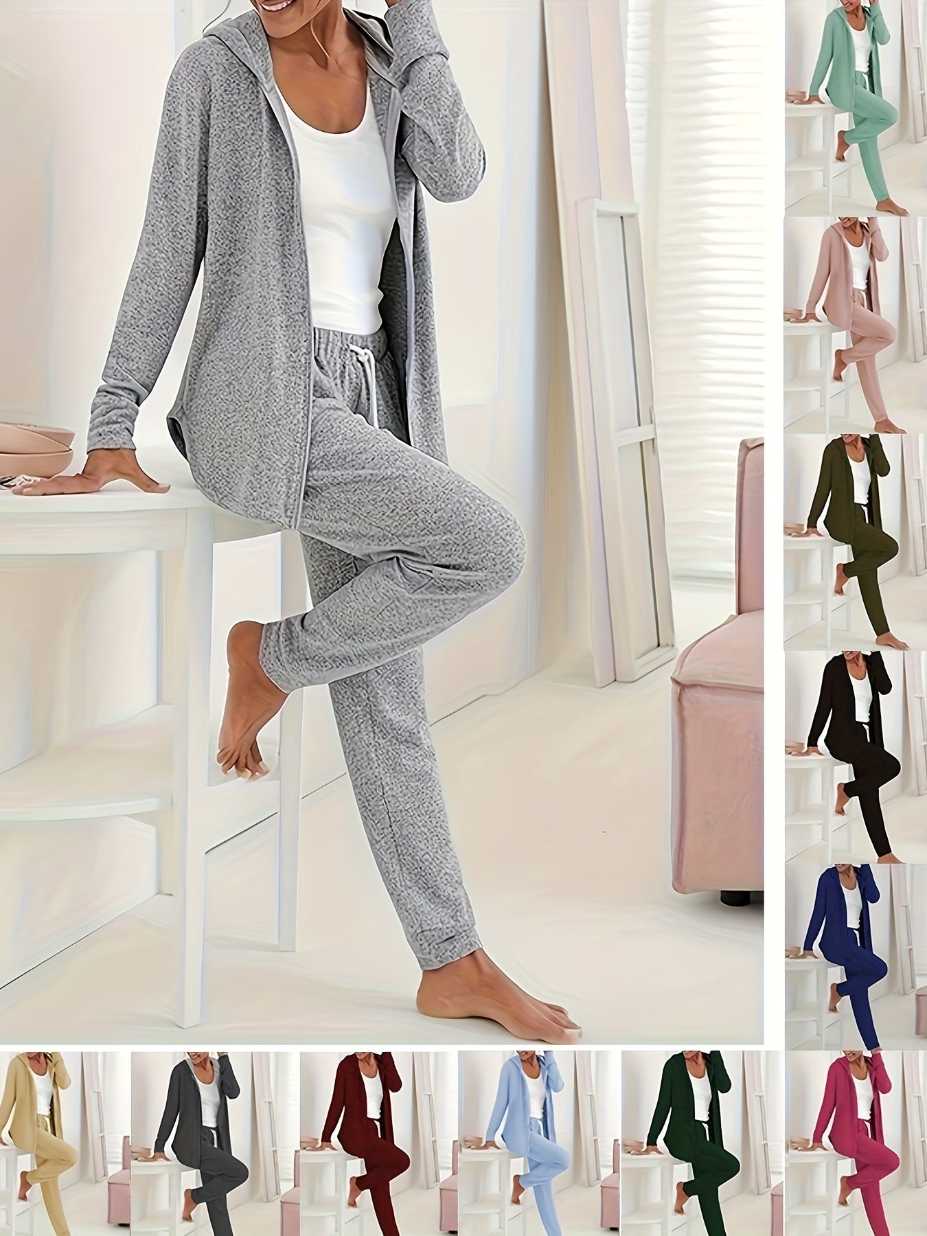  Solid Hooded Zip Coat & Drawstring Pants Set