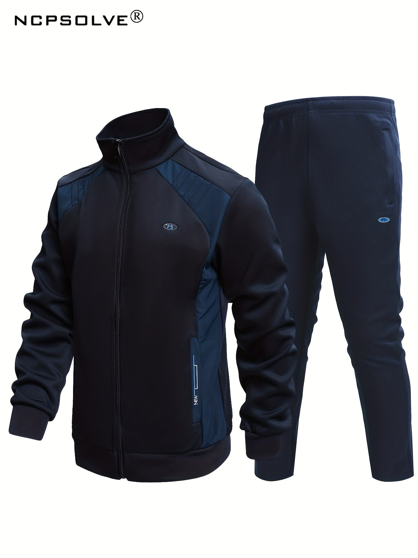 Men's Sports Suit Solid Block Stand Collar Zip Up Jacket & Stretch Waist Pants