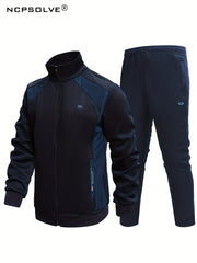 Men's Sports Suit Solid Block Stand Collar Zip Up Jacket & Stretch Waist Pants